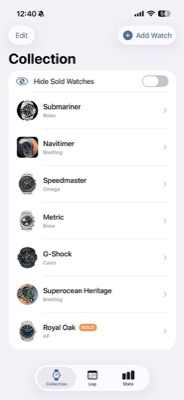 WristTime Collection Screen - View and manage your watch collection